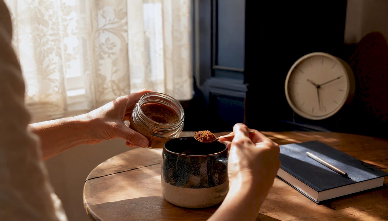 Hands measuring mushroom coffee in morning light