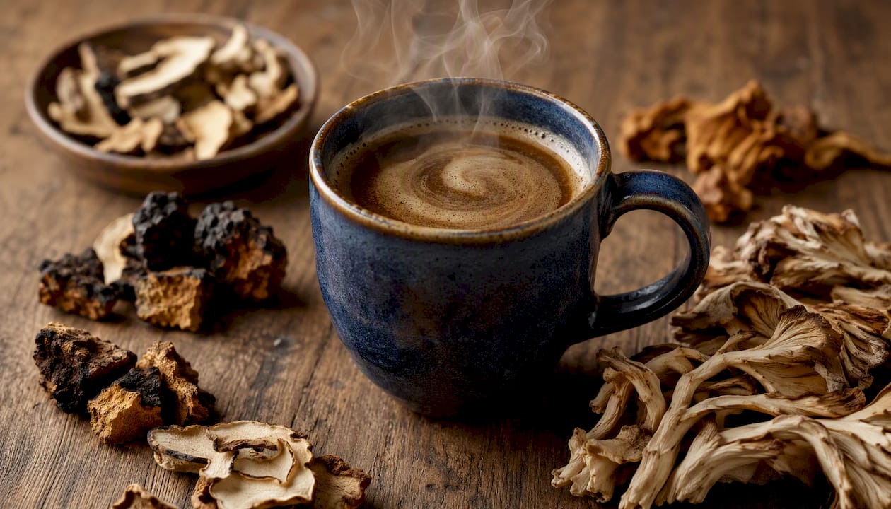 Mug of mushroom coffee with dried mushrooms nearby
