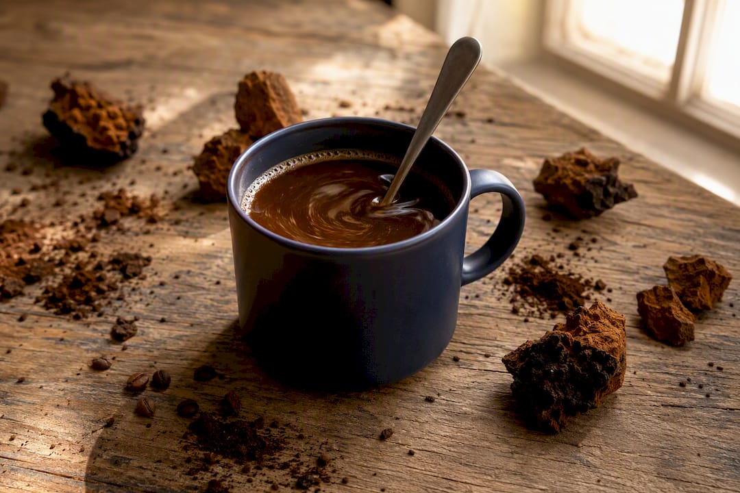 Coffee cup surrounded by chaga mushroom chunks