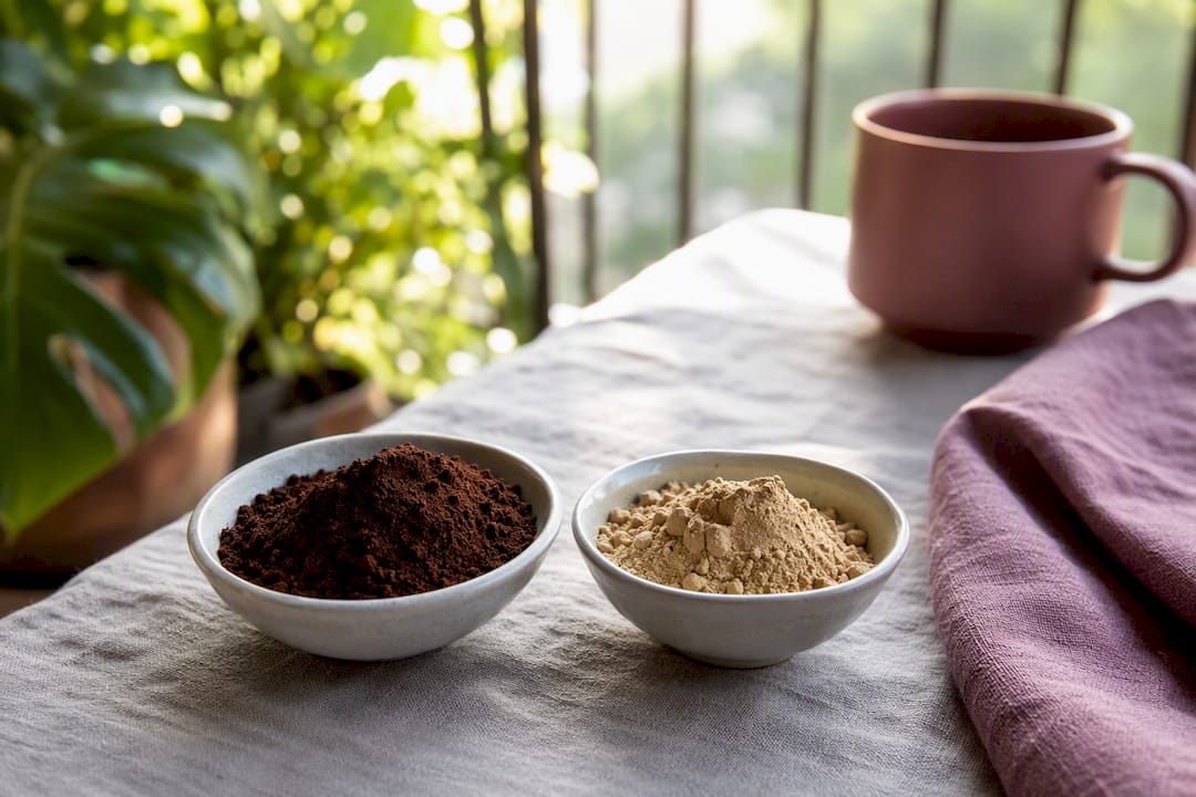 Bowls of mushroom powder and ground coffee