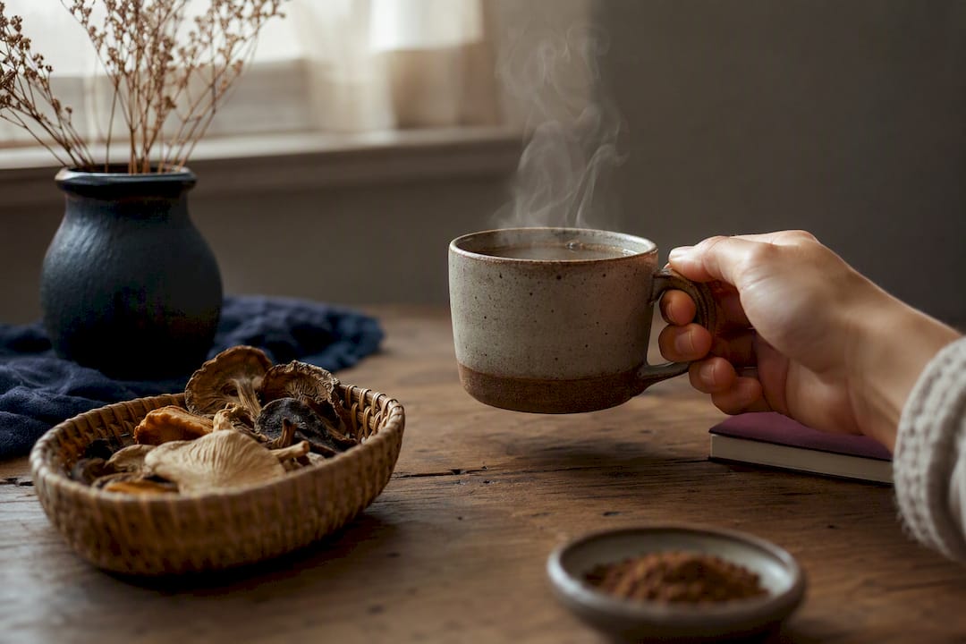 Hand holding cup of mushroom coffee