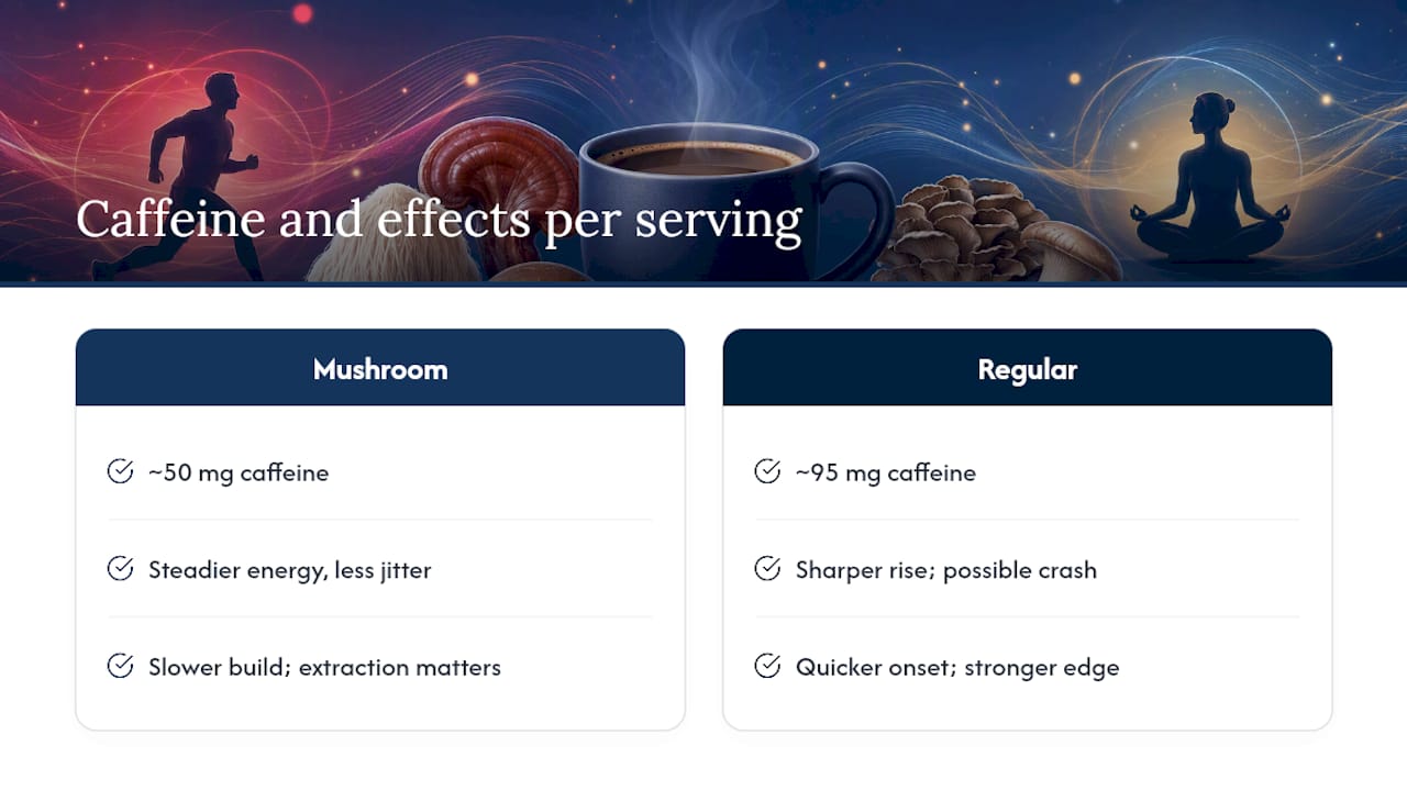 Diagram comparing caffeine content and effects of mushroom coffee versus regular coffee