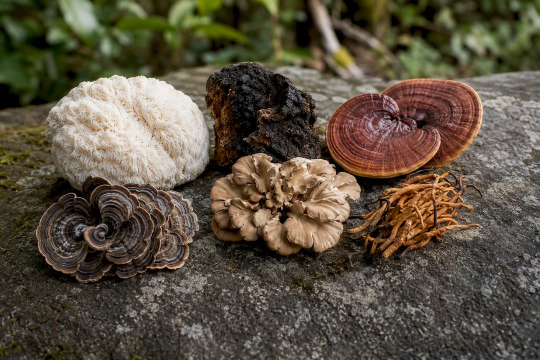 Variety of functional mushrooms on wood