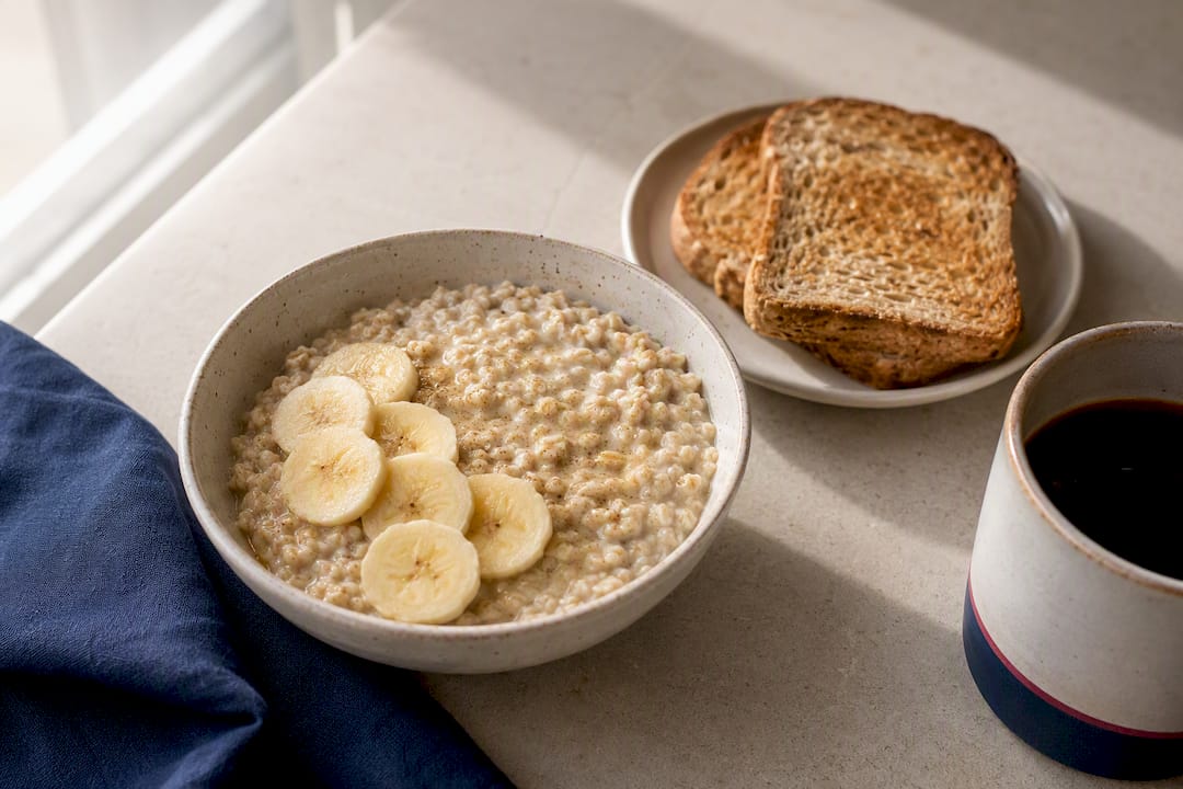 Oatmeal toast and coffee before drinking