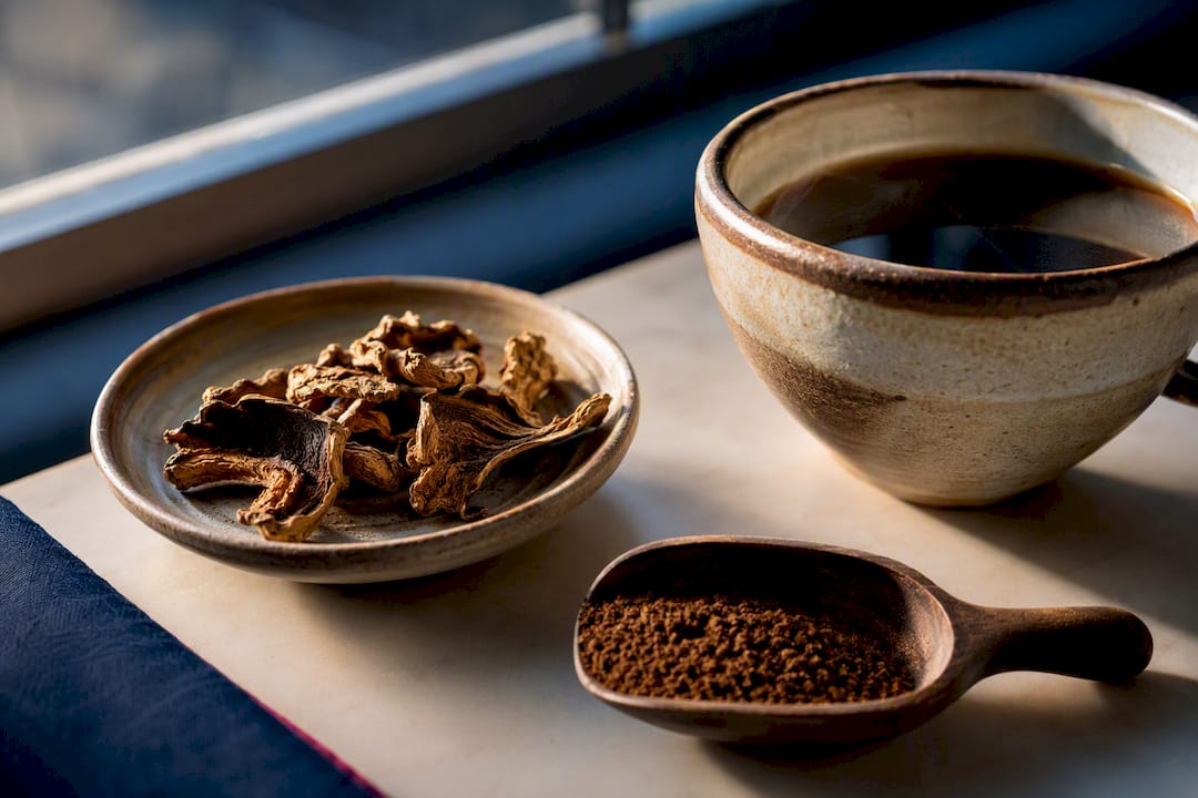 Mushroom coffee with dried functional mushrooms
