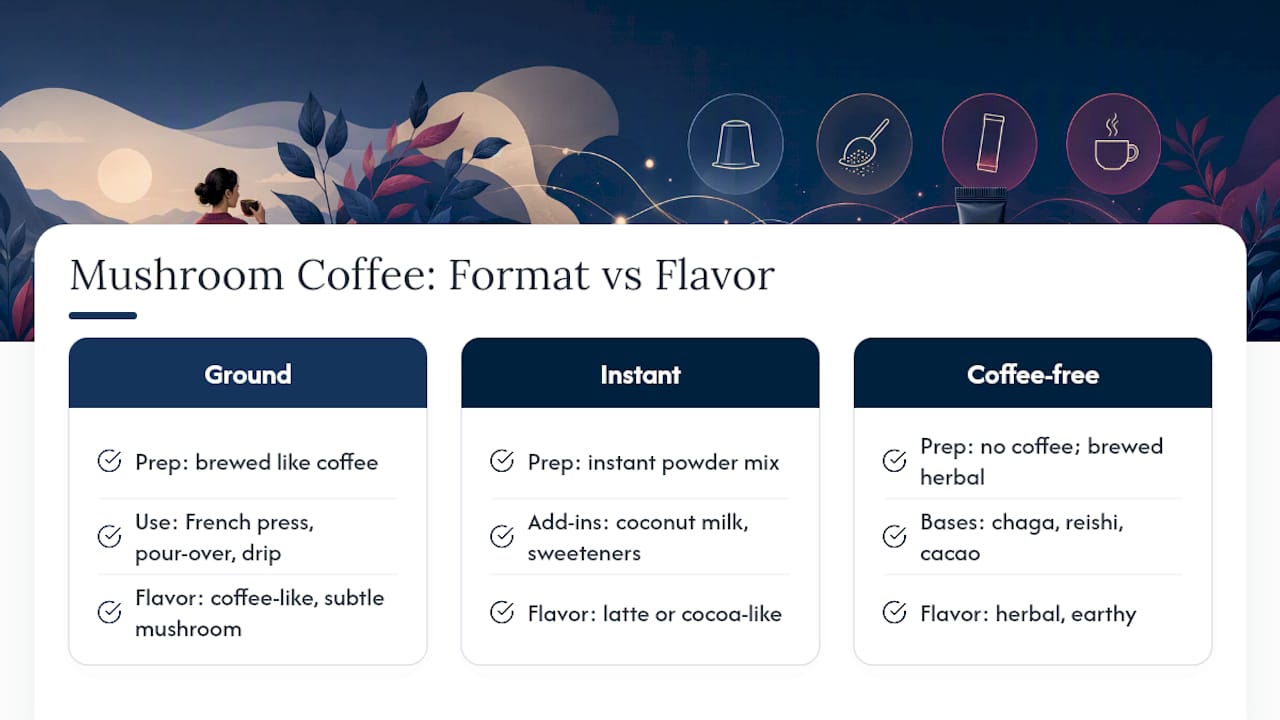 Mushroom coffee formats and flavor profiles