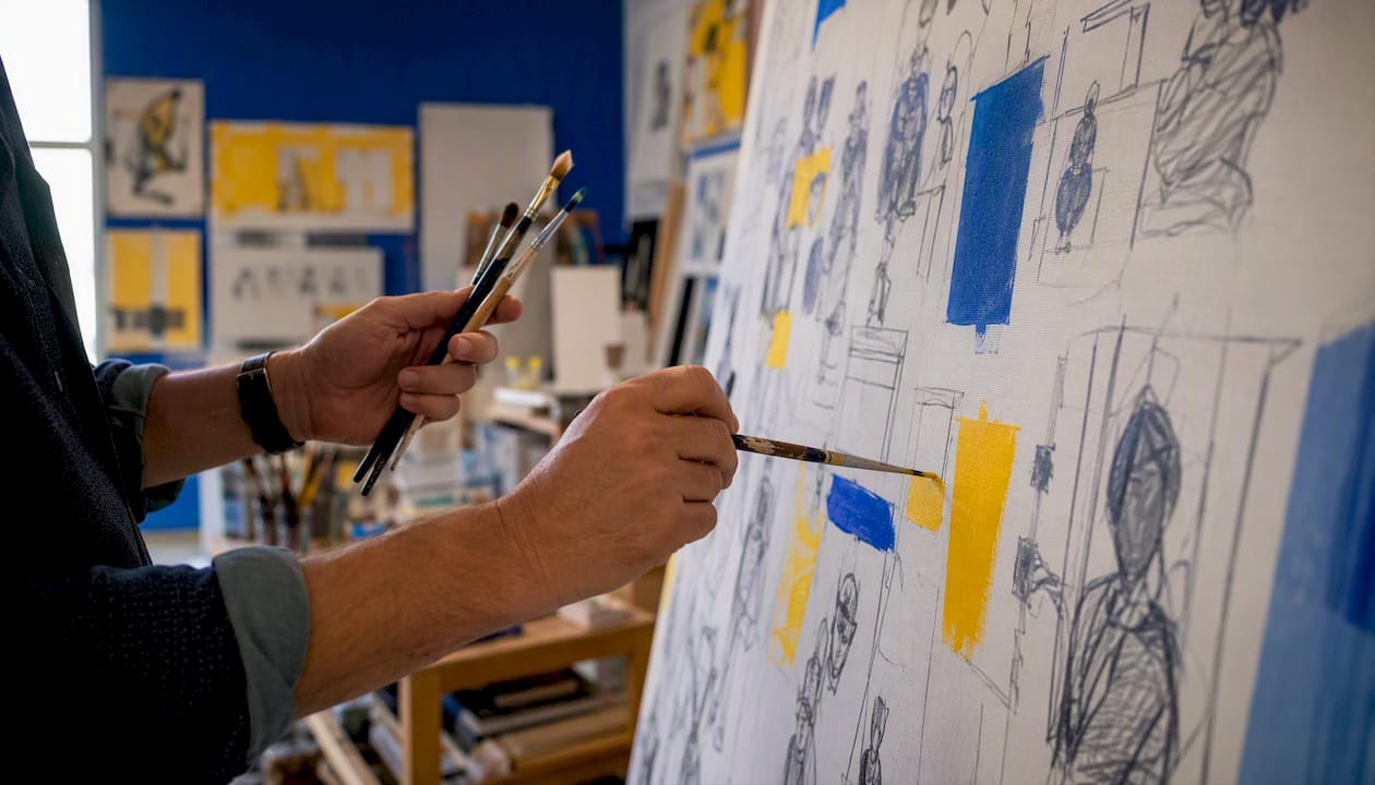Hands adjusting creative concept materials