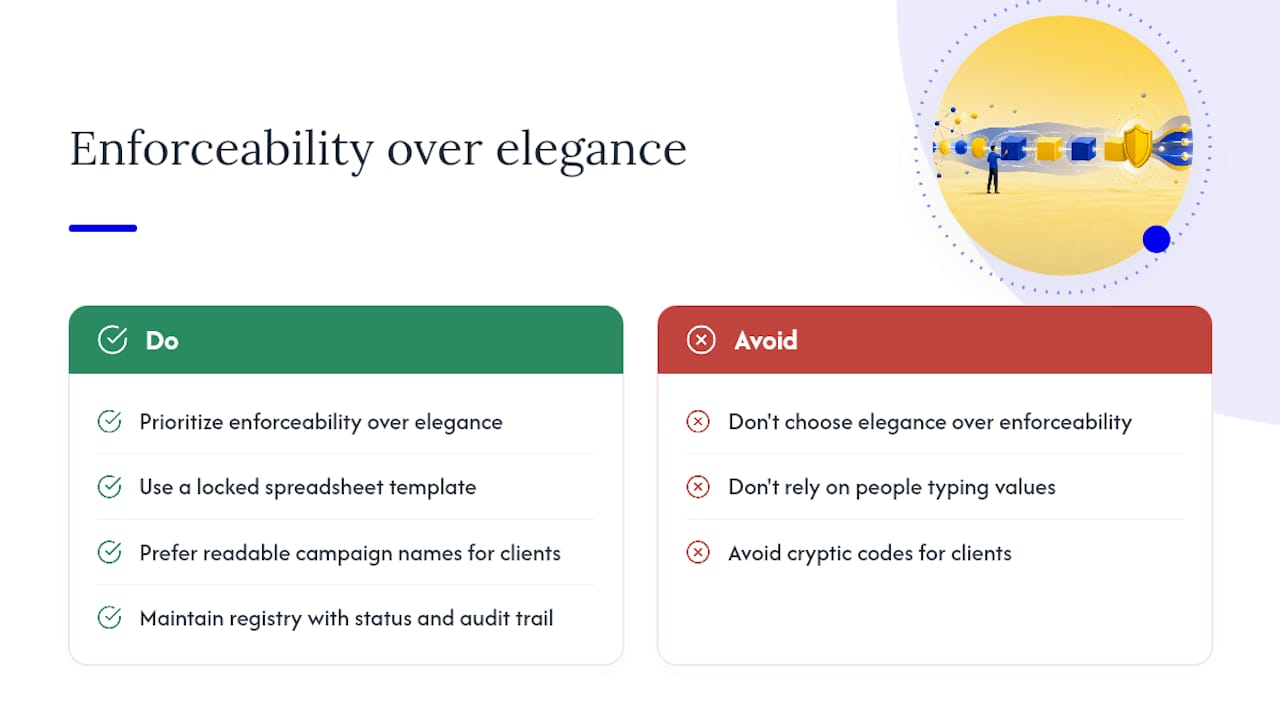 Why enforceability beats elegance in UTM governance — overview diagram