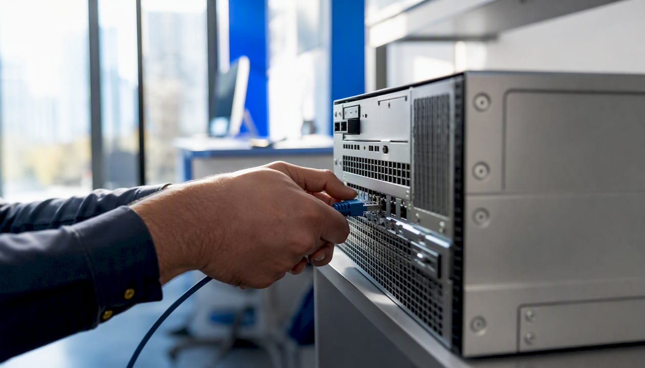 Hands plugging network cable into server port