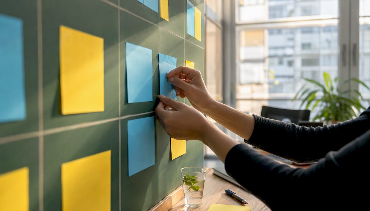 Hands updating competitor research tracker board