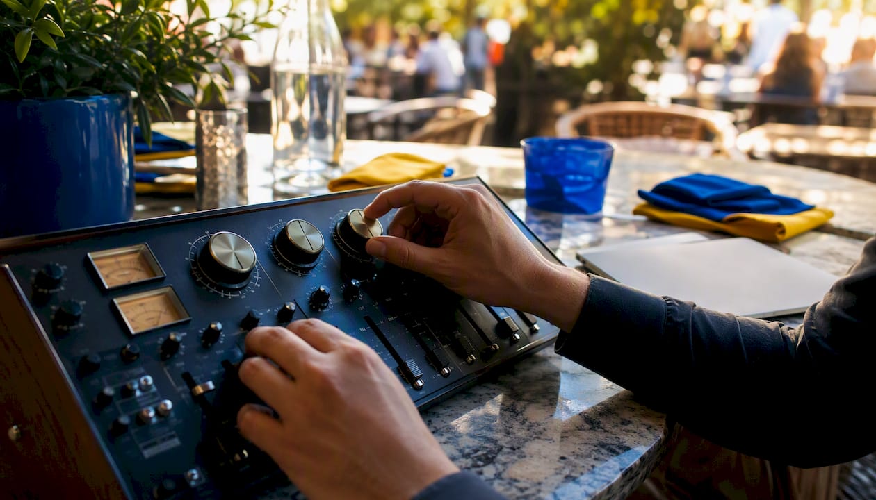 Hands adjusting knobs on marketing analytics device
