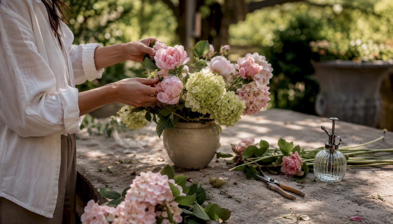 Hands trimming hypoallergenic flowers in florist workspace