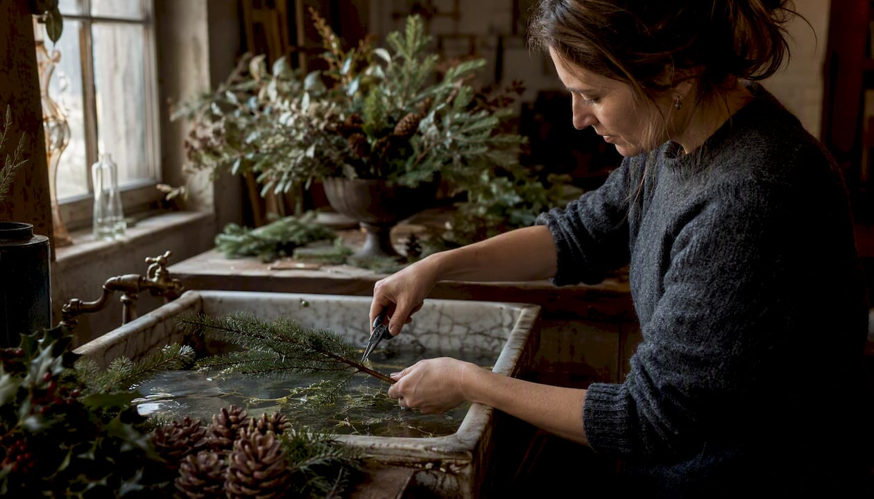 Hand trimming pine branch underwater for Christmas arrangement
