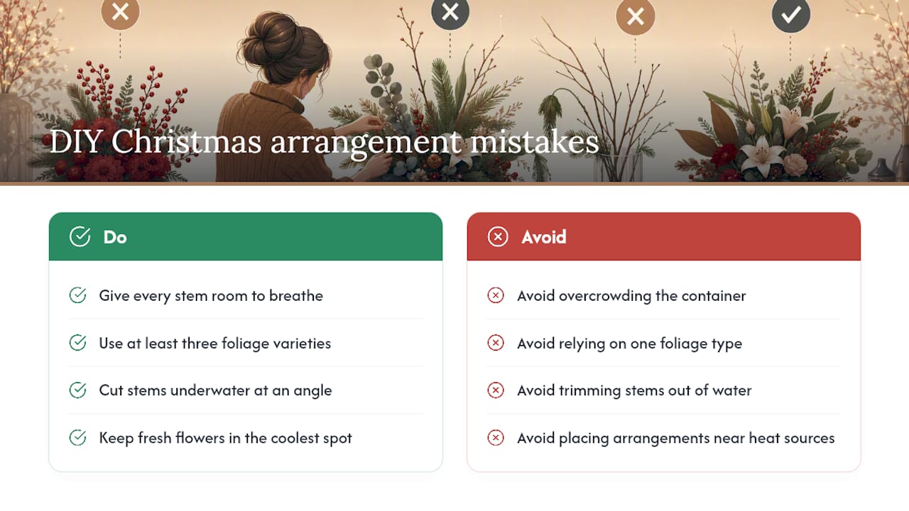Diagram of common DIY Christmas arrangement mistakes and fixes