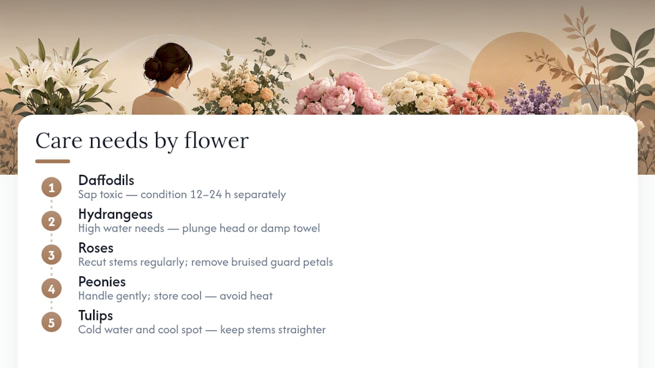 Diagram of special care requirements for common bouquet flowers