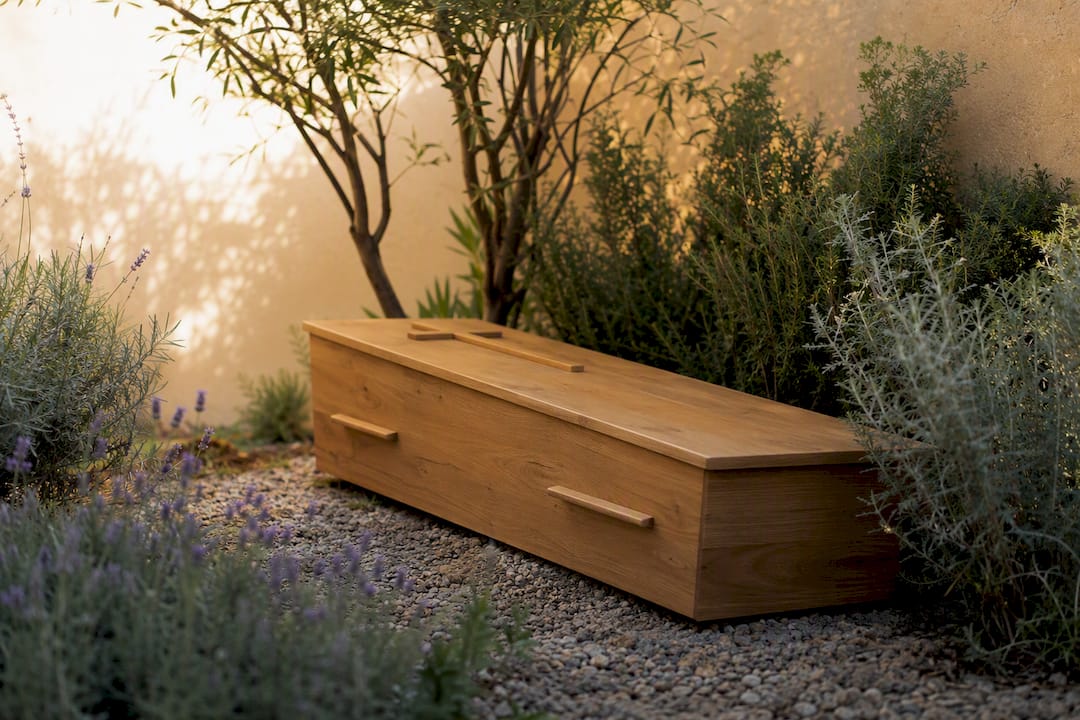 Simple wooden coffin at funeral home