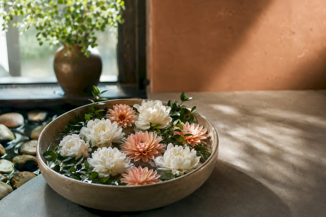 Floating flower arrangement in lobby bowl