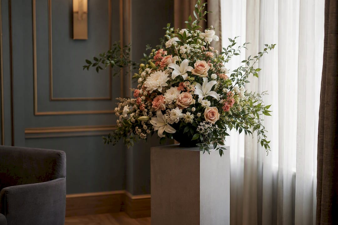 Standing floral spray in funeral home corner