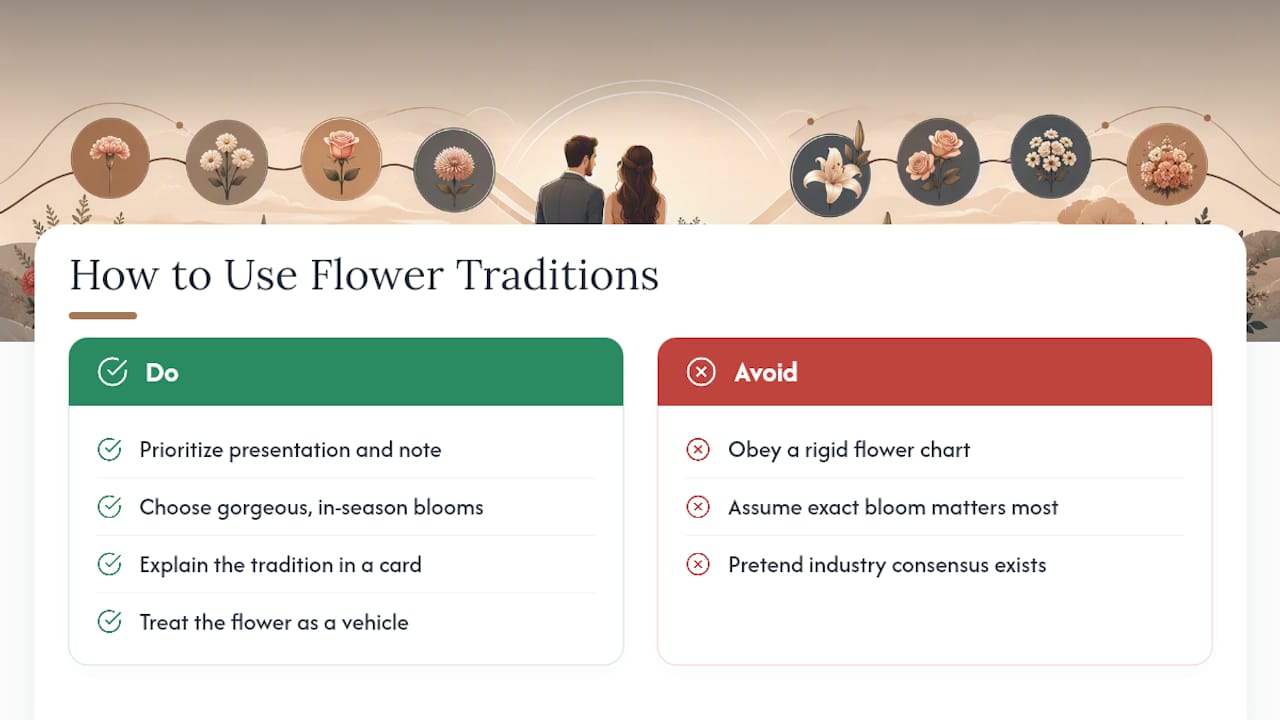 Diagram comparing anniversary flower traditions year-by-year