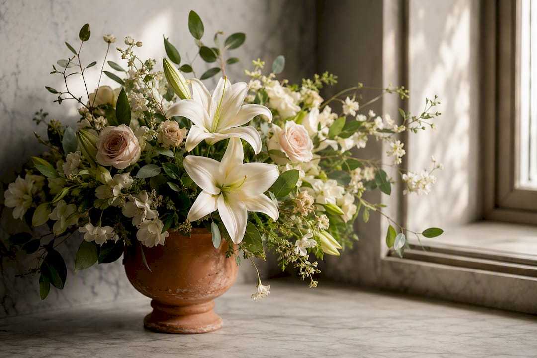 Peaceful white and pastel funeral flowers