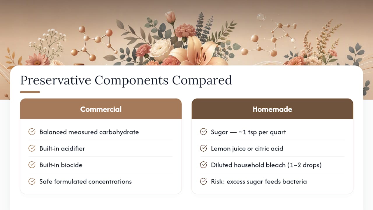 Diagram comparing commercial and homemade flower preservatives