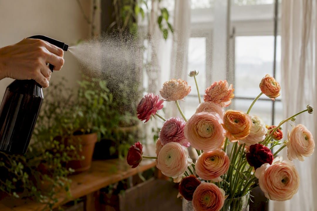 Misting flower petals with water spray