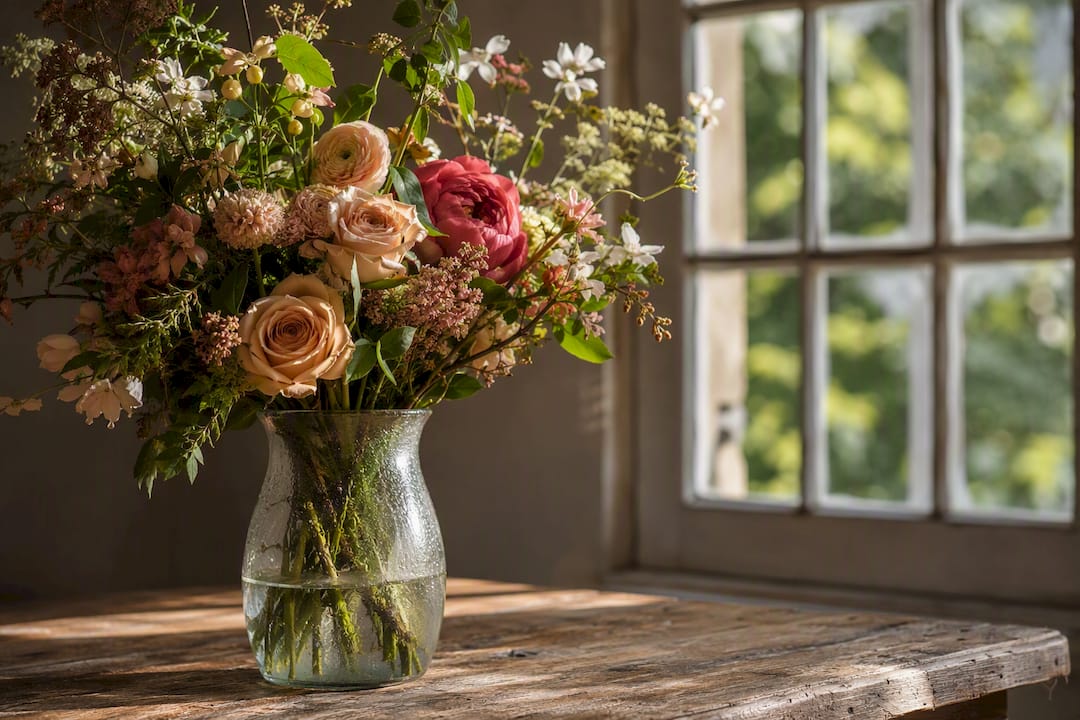 Cut flowers in vase with cool water