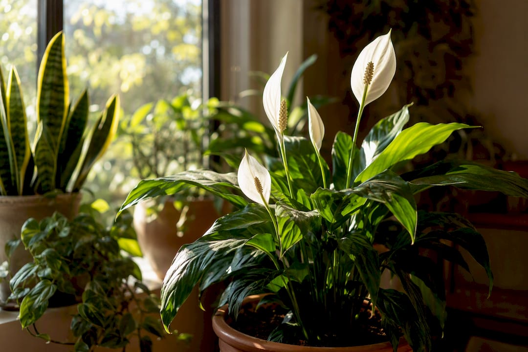 Peace lily plant among safe houseplants indoors