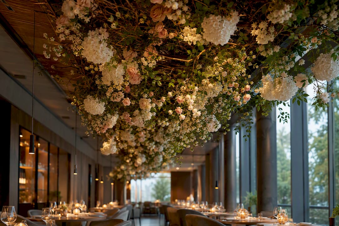 Suspended floral canopy over restaurant dining room