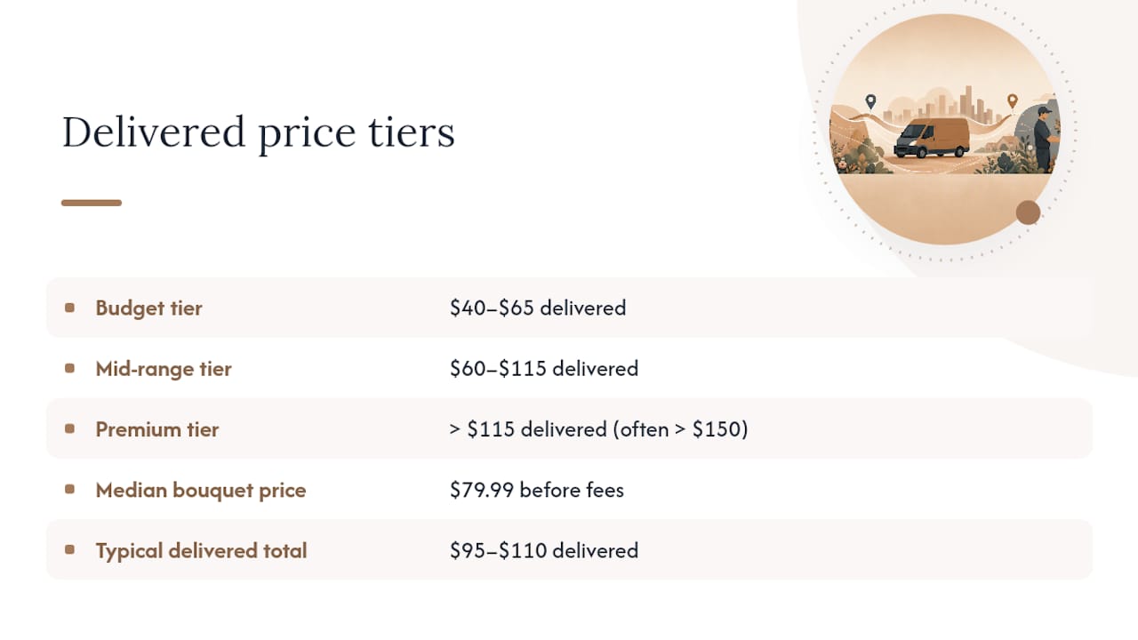 Flower delivery price tiers and typical totals
