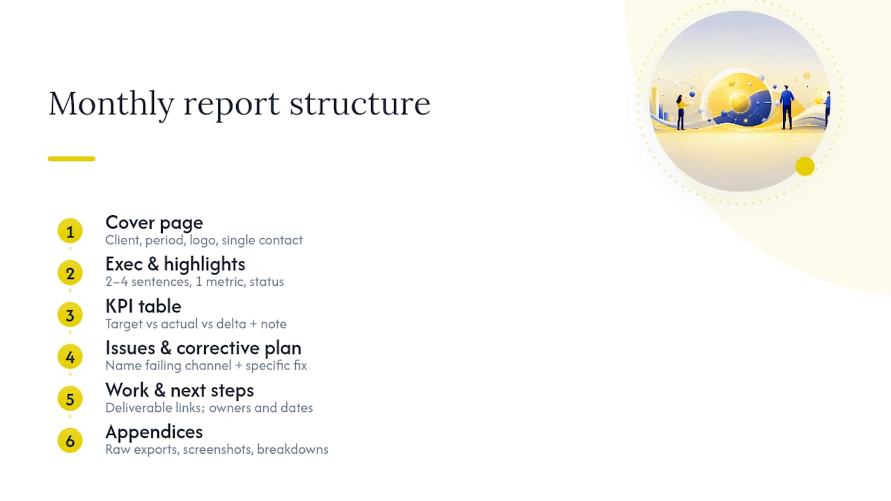 Eight-part monthly client report structure