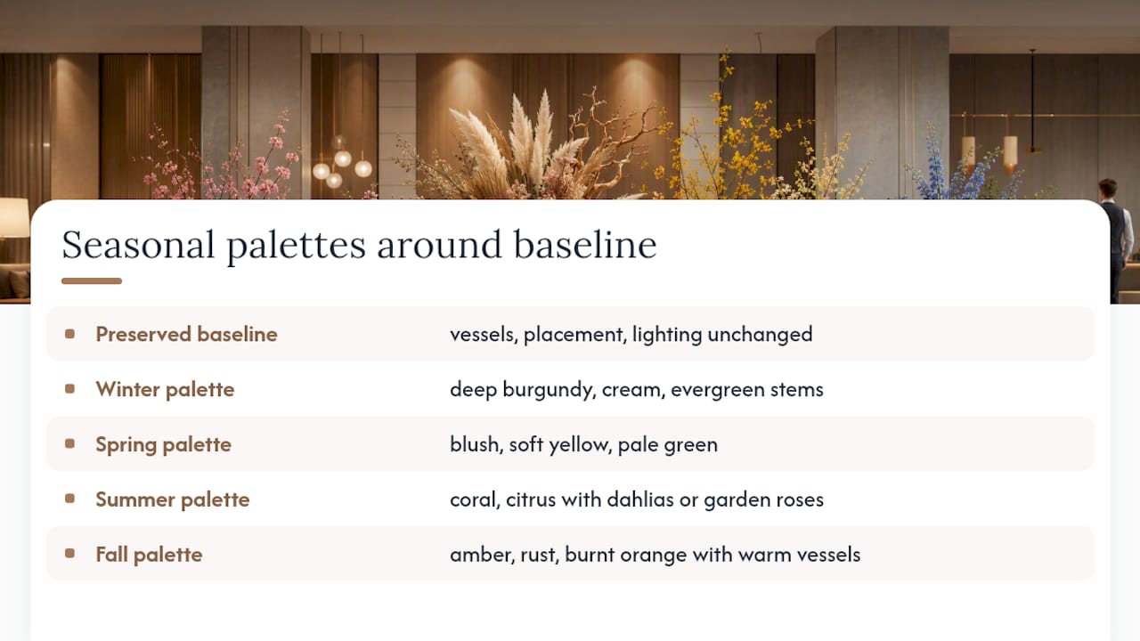 Four seasonal palettes around a preserved floral base