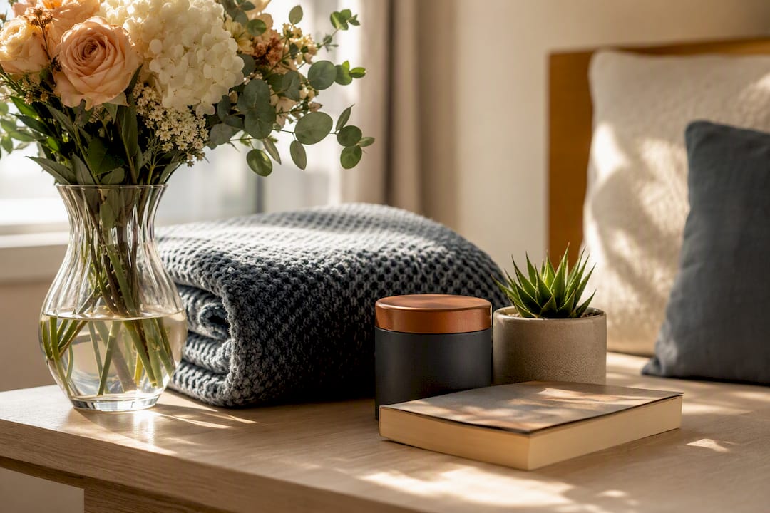 Comforting recovery gifts beside a vase