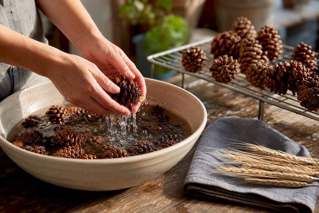 Foraged pinecones being cleaned before use
