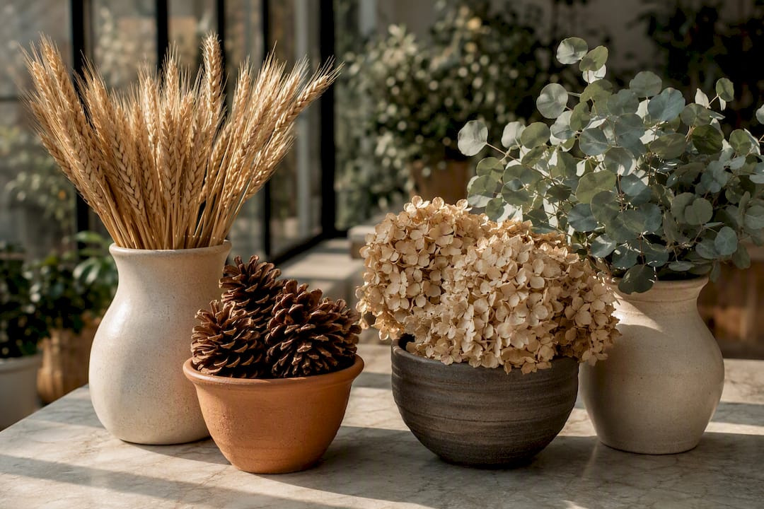 Wheat pinecones hydrangea and eucalyptus materials