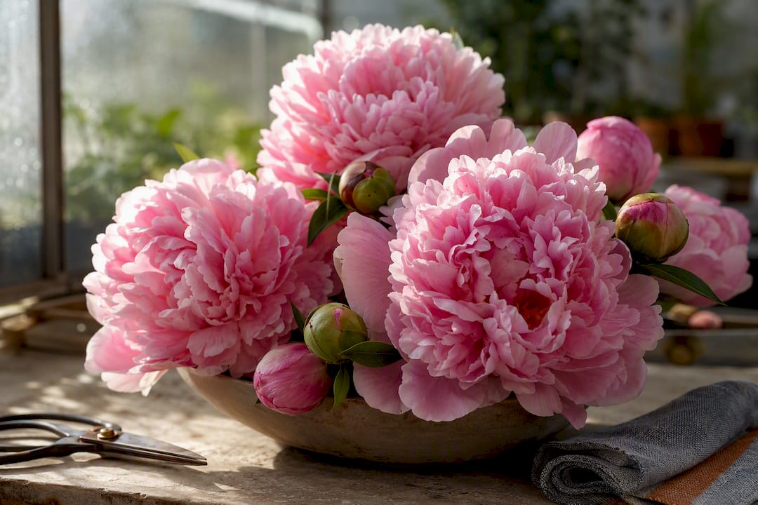 Open peony blossoms and buds in spring light