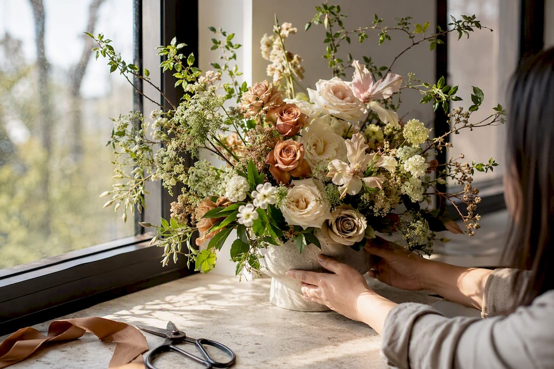 Hands inspecting wedding flowers in daylight
