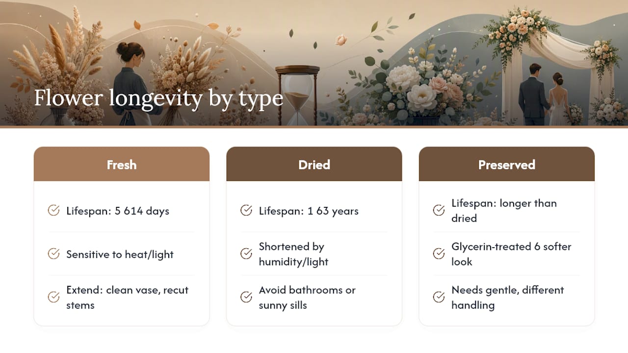Timeline comparing fresh dried preserved flower longevity