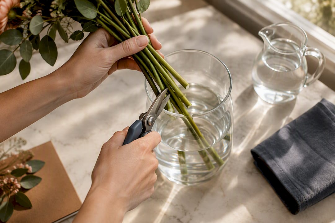 Hands recutting flower stems into clean water