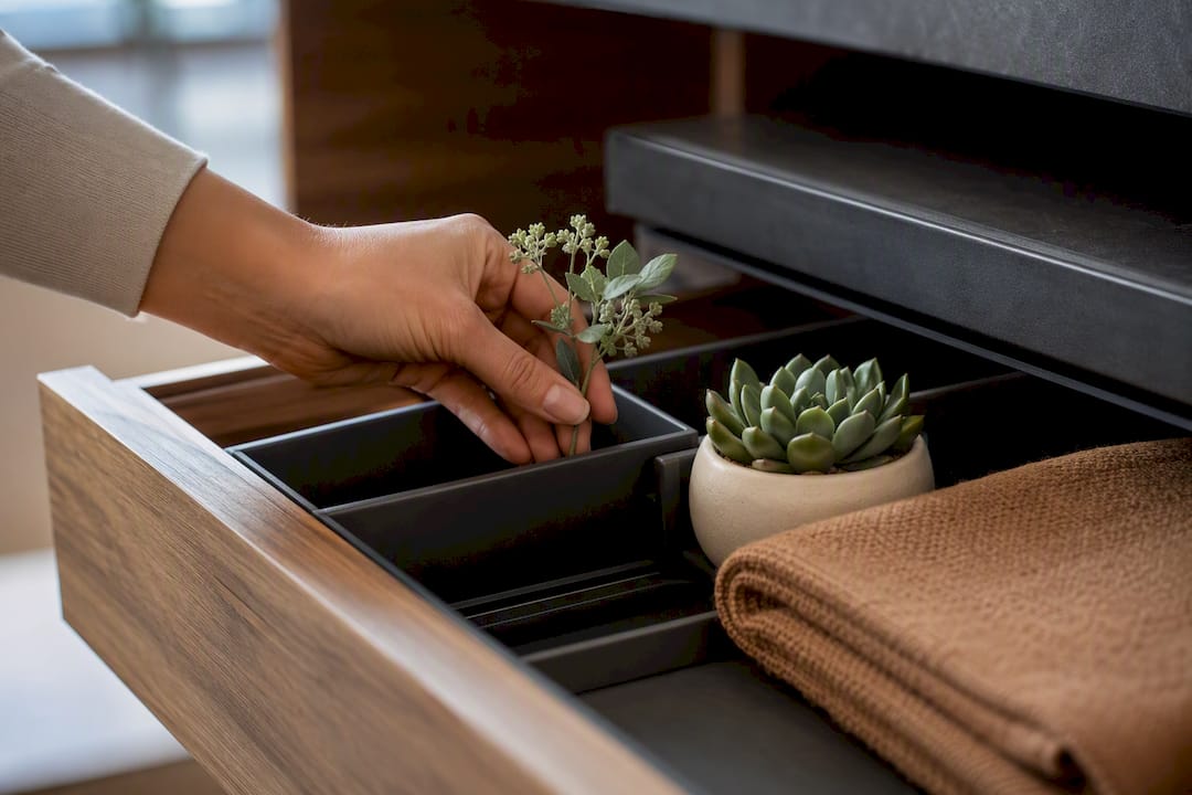 Backup faux stem and succulent in drawer