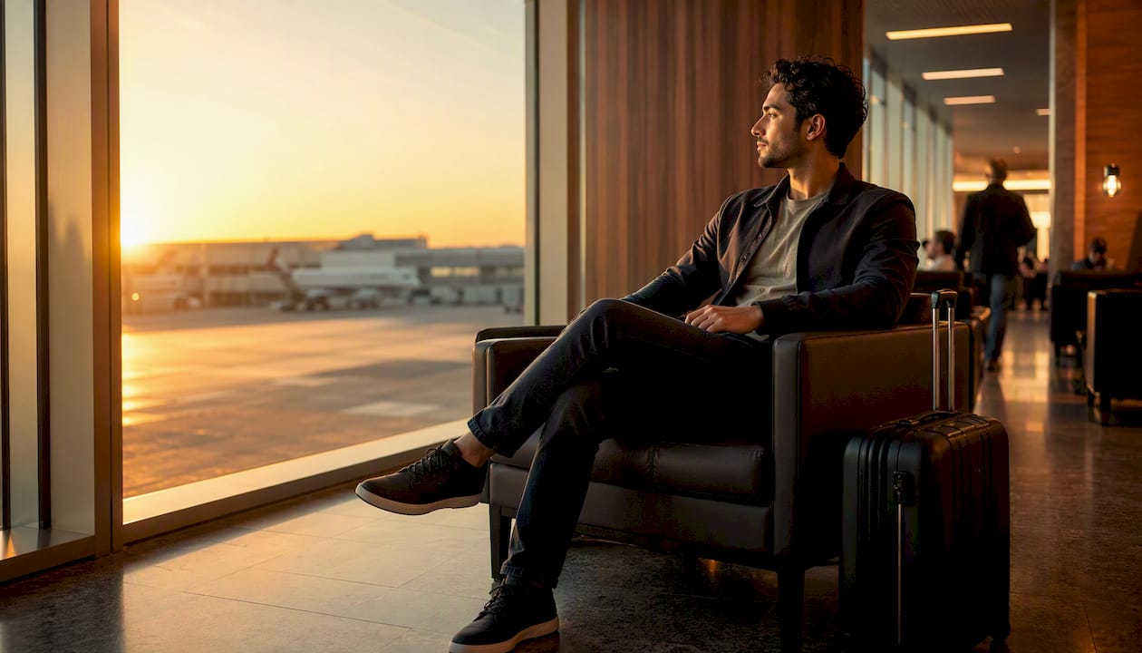 Traveler waiting near airport boarding gate