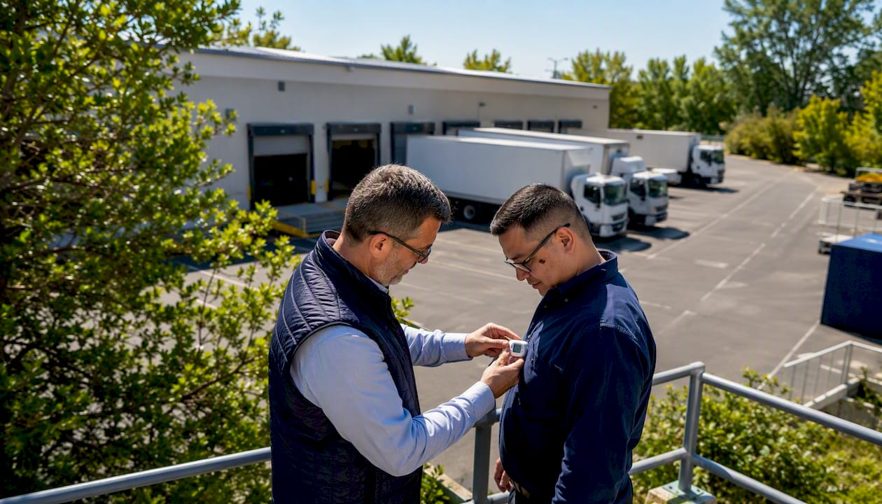 Supervisor checking worker’s uniform at warehouse