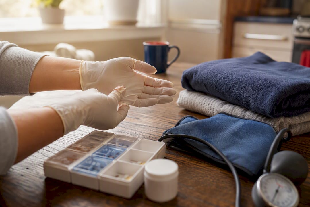 Gloved hand preparing caregiving supplies