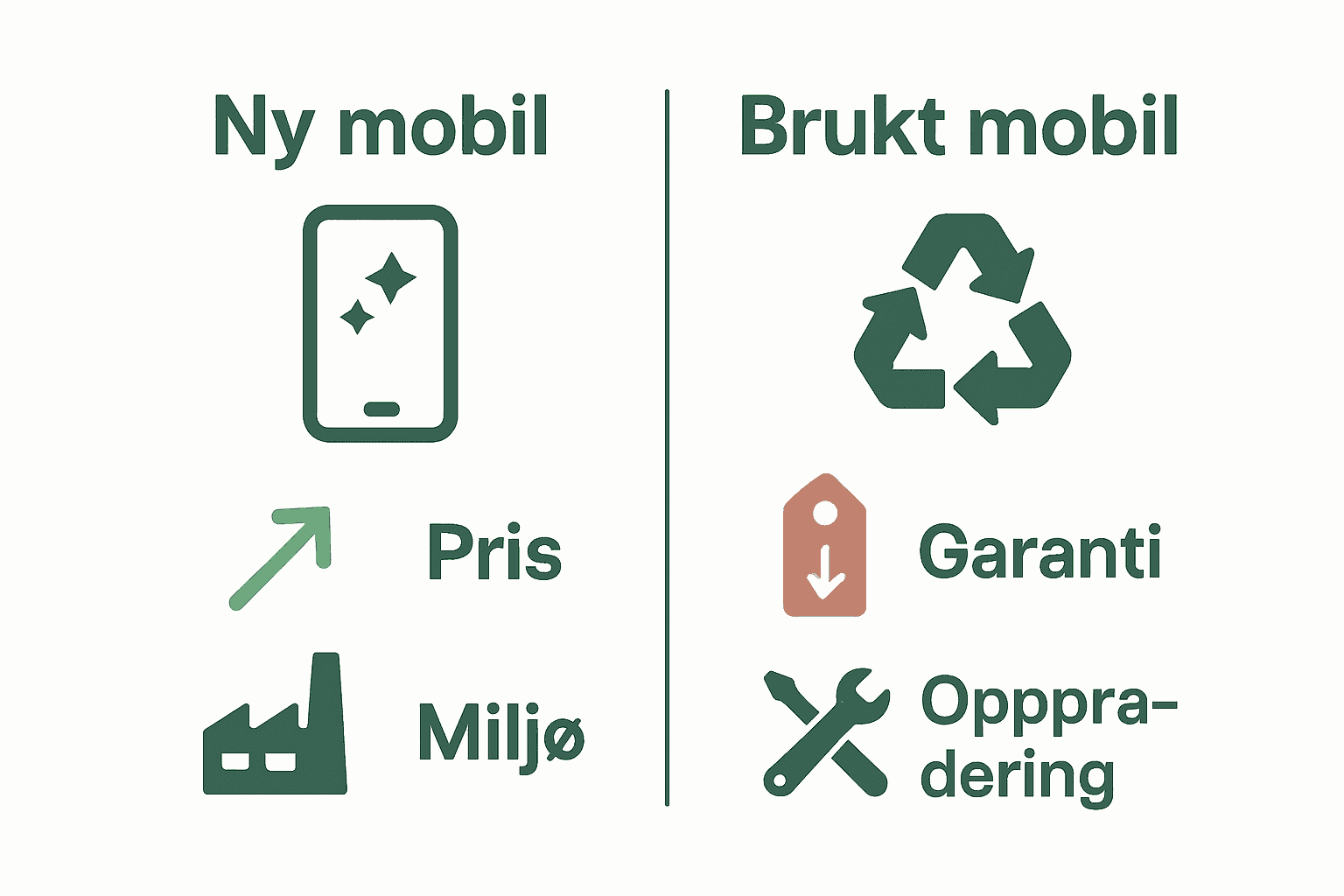 Tabell: ny mobil versus brukt mobil, ikoner og piler for pris og miljø
