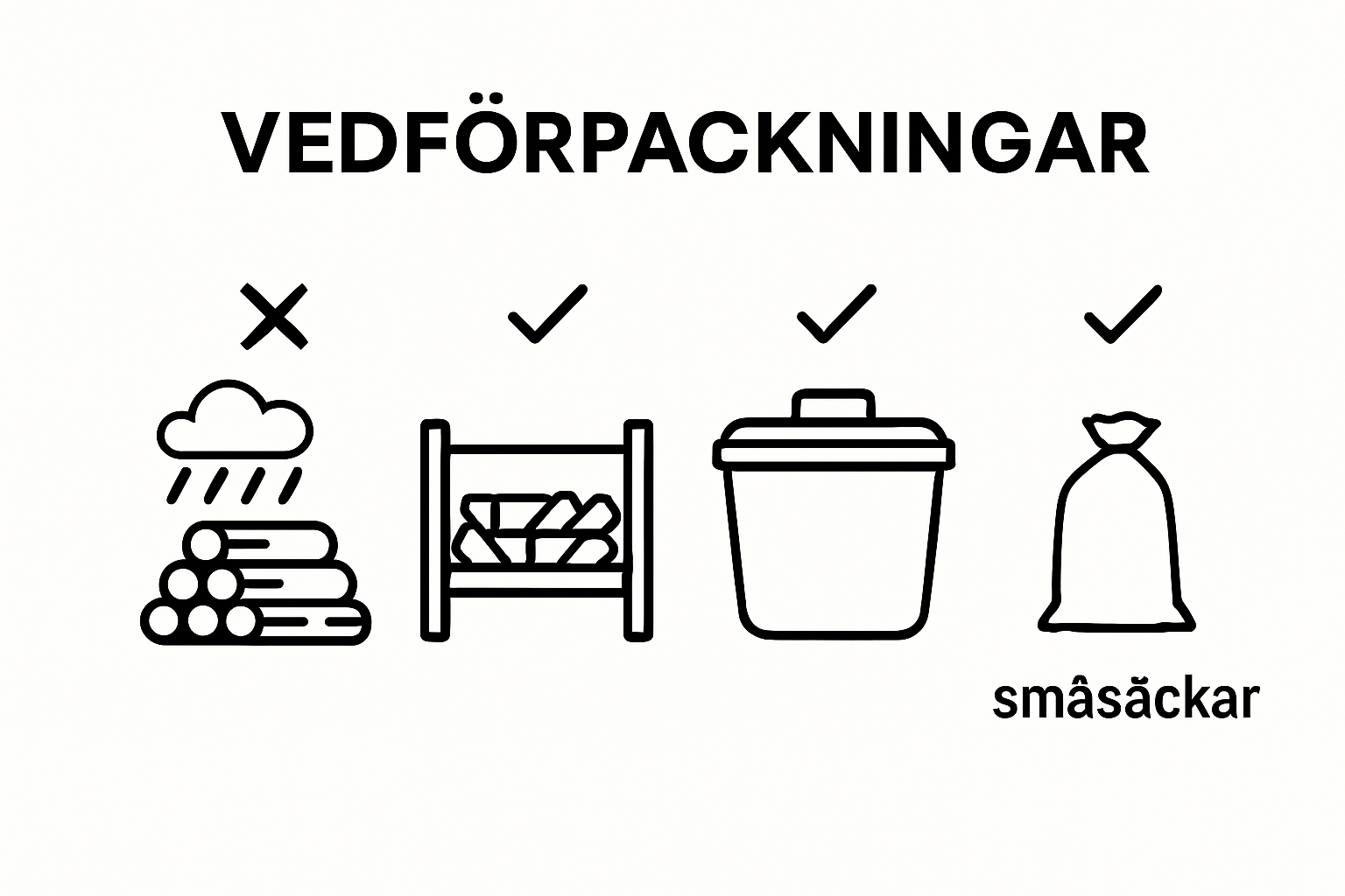 Jämförelse av vedförpackningar: småsäckar, löshög, träställning, container