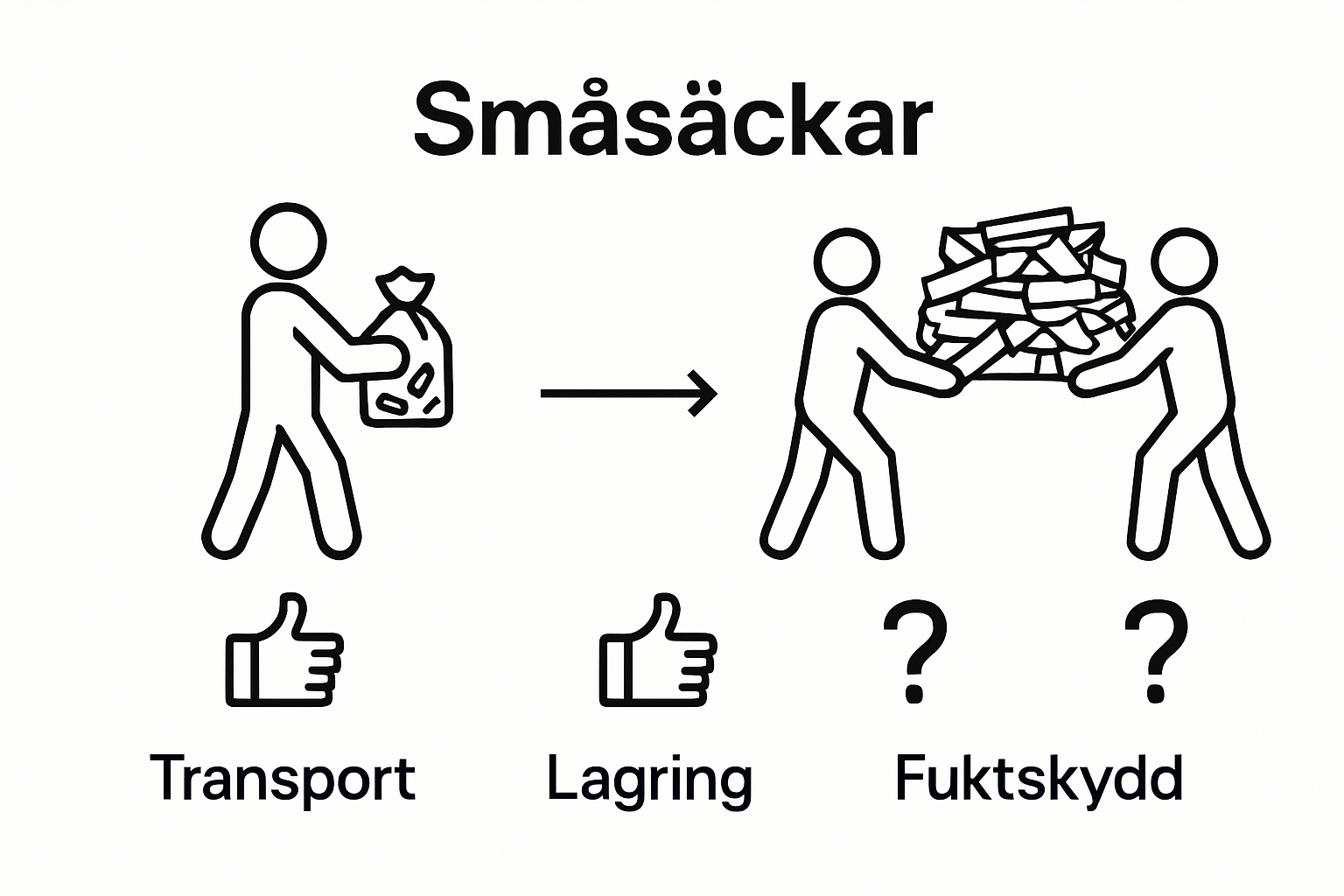 Side-by-side icons comparing small sacks versus bulk wood storage