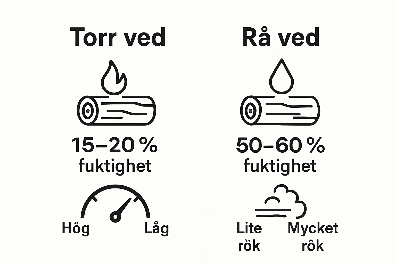 Infographic comparing torr ved and rå ved by moisture, energy, and smoke