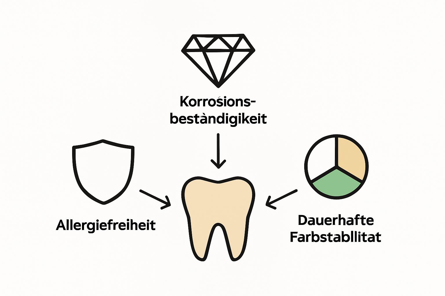 Icons representing allergy-free, corrosion resistance, and color stability for dental materials