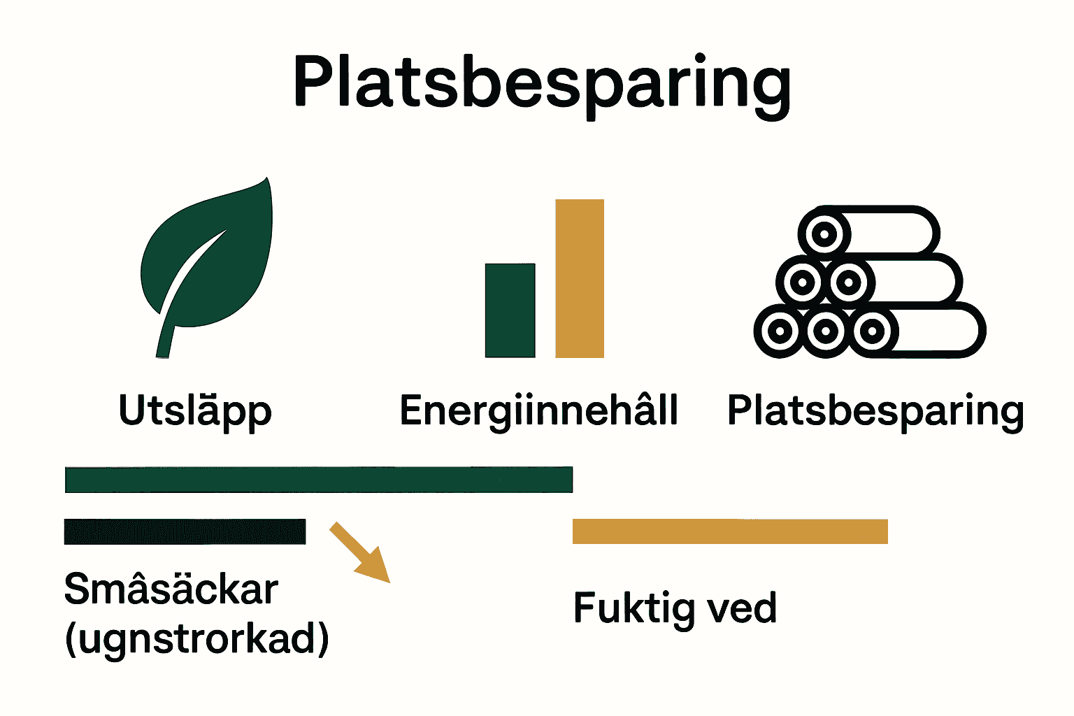 Infografik jämför miljöeffektivitet och platsbesparing mellan småsäckar och fuktig ved.
