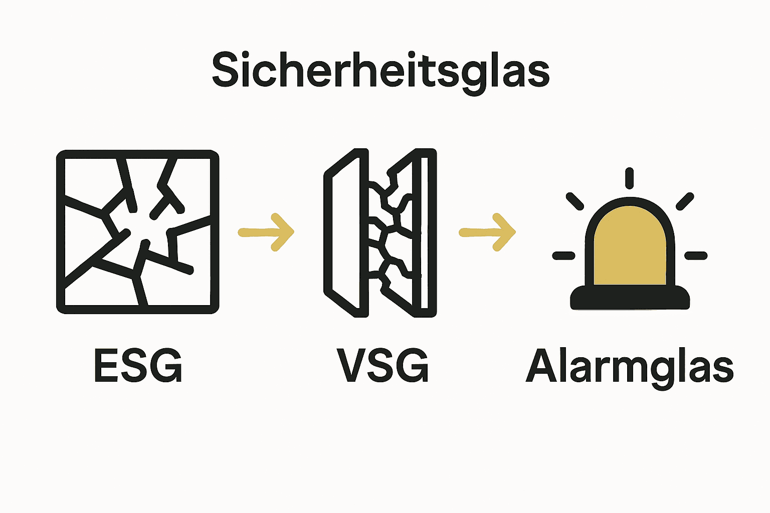 Vergleich ESG, VSG und Alarmglas mit Symbolen